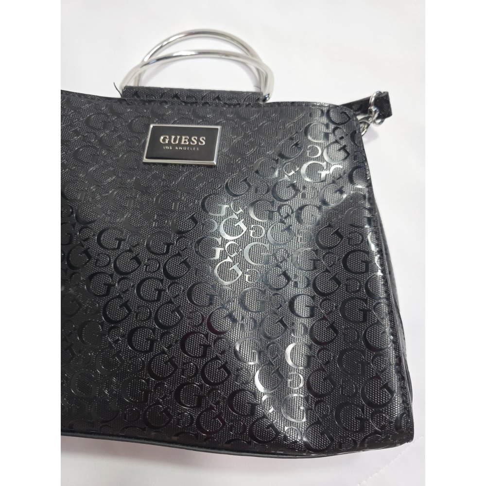 Guess Black Logo Satchel Handbag Silver Handle Crossbody Strap Spacious Bag - Picture 11 of 11